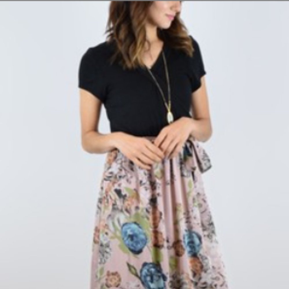 Dusty Pink & Black Floral Tie-Waist Midi Dress